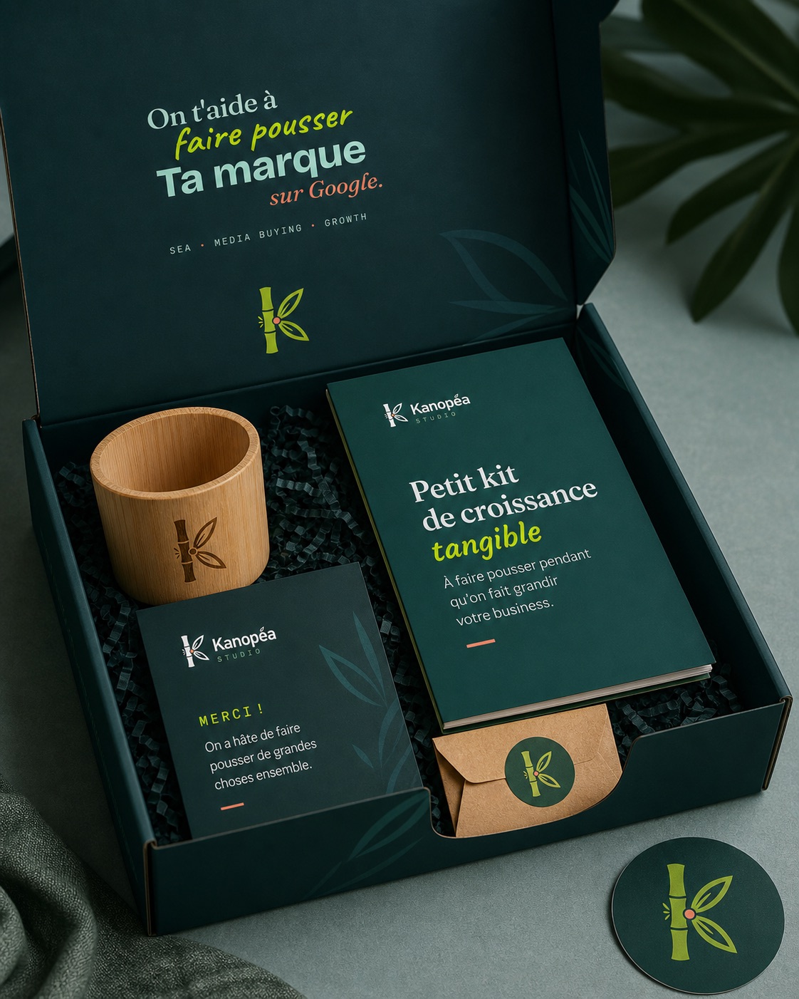 Box ouverte avec carte Merci et fiche kit croissance tangible