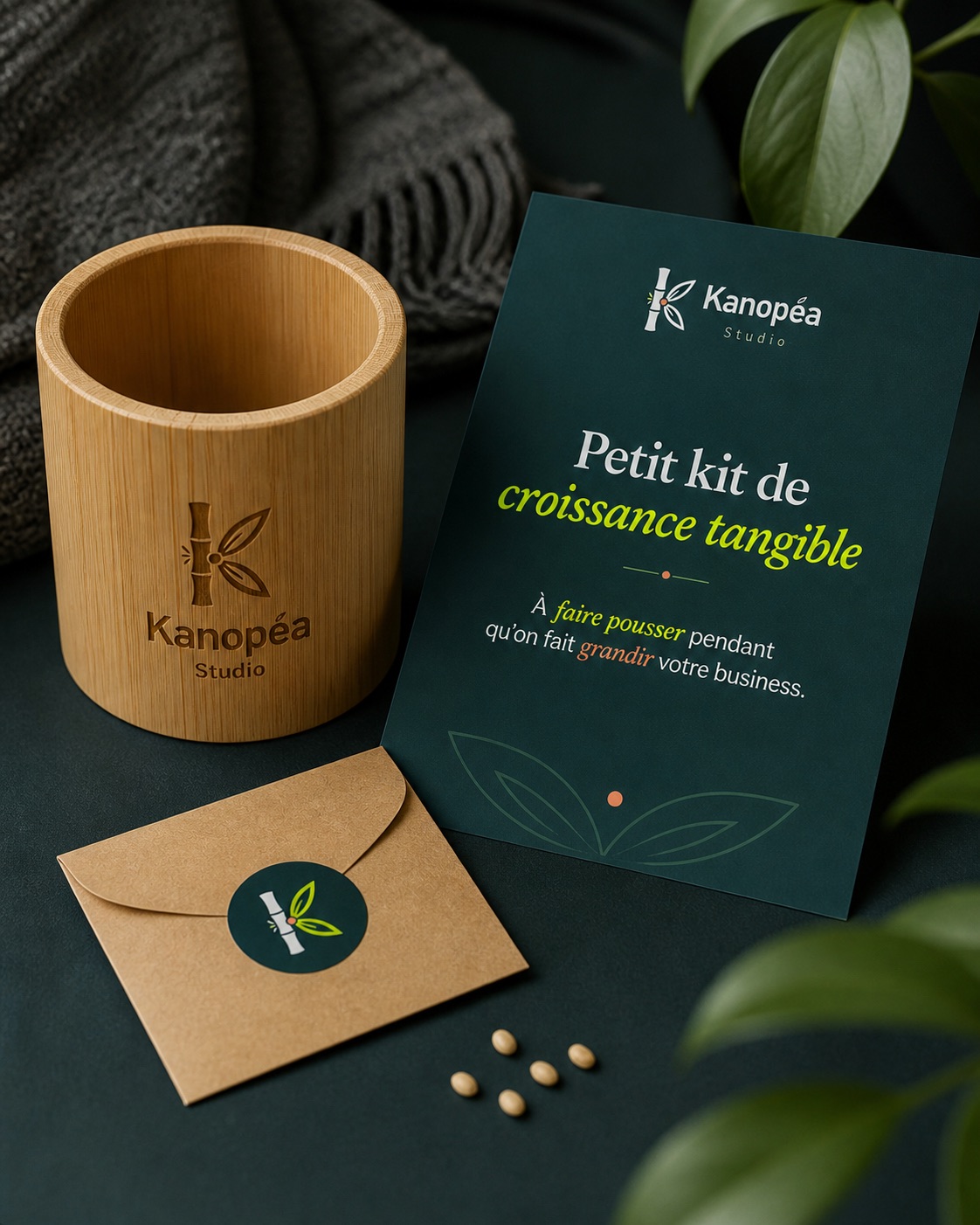 Pot en bambou + carte Petit kit de croissance tangible + envelope graines